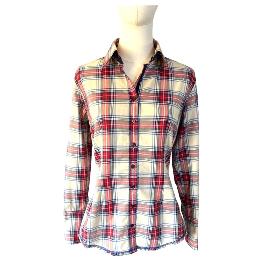 Georg Roth Los Angeles Plaid Shirt Small Contrast Cuff Floral Trim Button Down